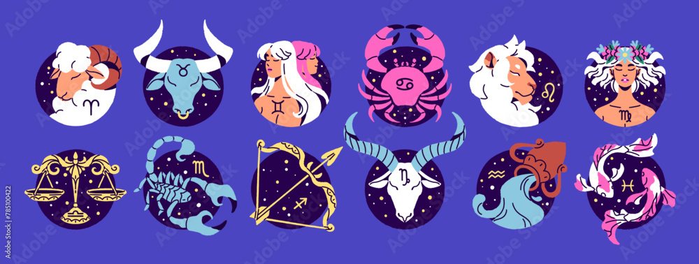 Zodiac signs with round shape set. Twelve symbols of astrology horoscope. Constellations' calendar: Aries, Gemini, Cancer, Leo, Virgo, Libra, Sagittarius, Pisces. Flat isolated vector illustration Zodiac signs with round shape set. Twelve symbols of astrology horoscope. Constellations' calendar: Aries, Gemini, Cancer, Leo, Virgo, Libra, Sagittarius, Pisces. Flat isolated vector illustration