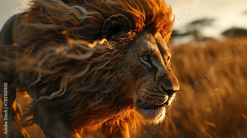 A lion exuding pride and strength, with its majestic mane flowing in the wind