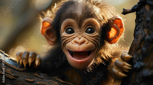Playful baby chimpanzees swinging from tree branches, their mischievous antics and expressive faces showcasing the adorable side of primate life. photo