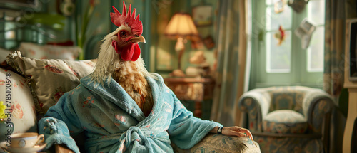 A chicken in a skyblue bathrobe, clucking contentedly while watching a morning show, in a sunlit room with pastel green walls and shabby chic furniture