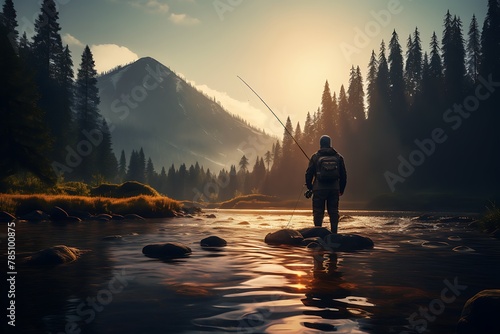 Fisherman with a freshly caught trout on a river bank. photo