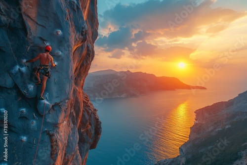 Rock climber ascending a cliff at sunset