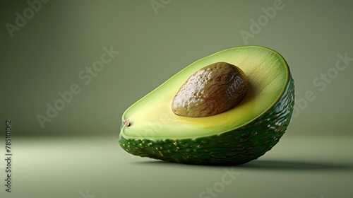 A ripe, green avocado cut in half, revealing its creamy flesh and seed on a table