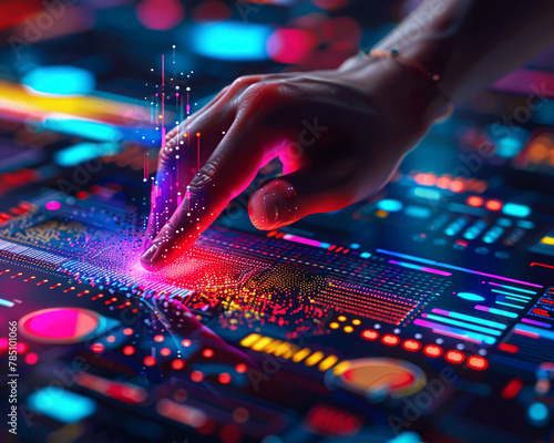 A designers hand touching a 3D holographic interface, icons of creativity and tech tools merging into a spectrum of advertising elements