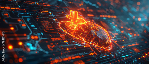 A heartbeat trace in glowing neon coral, overlaying a hightech medical monitor display with critical patient stats photo