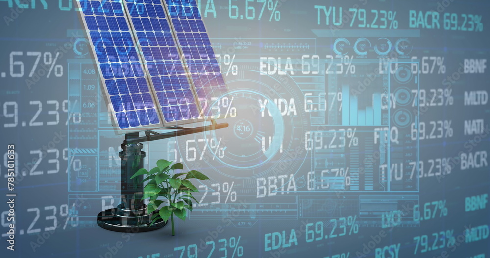 Naklejka premium Image of financial data processing over solar panel on blue background