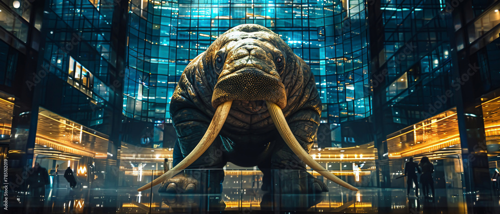 A majestic walrus with enormous tusks scaling a modern glass building, its reflection mingling with the urban lights at night - obrazy, fototapety, plakaty 
