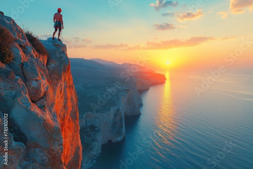 Solitary rock climber on a majestic cliff edge photo