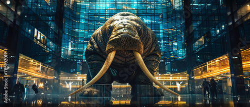 A majestic walrus with enormous tusks scaling a modern glass building, its reflection mingling with the urban lights at night photo