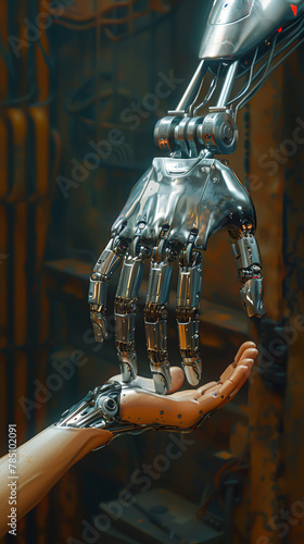 A mechanica  s muscular arm seamlessly transitioning into a robot arm, fingers shaping into fine tools, merging the artisan with their craft photo