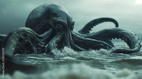 large Cthulhu octopus with massive tentacles surfaces in turbulent waters by a cliff on a cloudy day photo