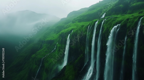 Breathtaking waterfall cascading down lush green mountainside, Nature Beauty photo