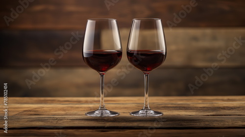 pair of elegant wine glasses filled with rich red wine on a rustic wooden table