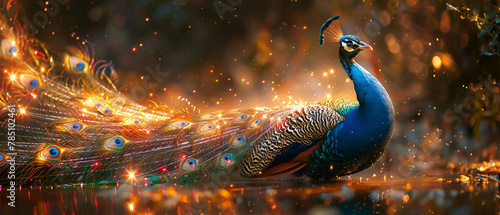 A peacock, its iridescent feathers disassembling into a shower of sparkling gems under the force of the wind