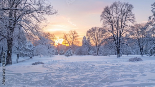 Snow-covered Central Park, New York, at daybreak