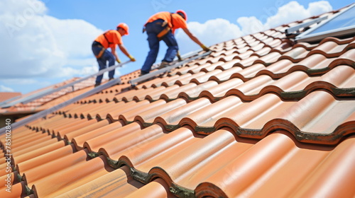 workers installing roof tiles on a residential house