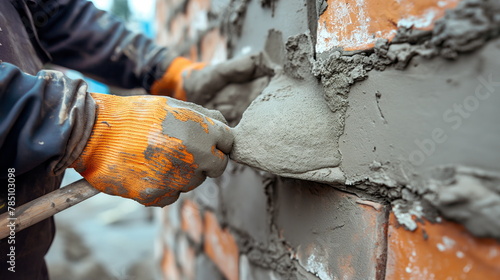 man is working on plastering a brick wall, applying a smooth layer of plaster with a trowel