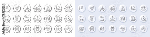 Empower  Timer and Leadership line icons. White pin 3d buttons  chat bubbles icons. Pack of Bike courier  Winner ribbon  Cardio calendar icon. Winner  Target goal  Quiz pictogram. Vector