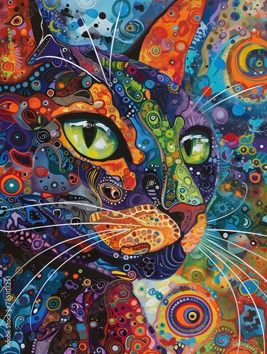 AI generated illustration of a colorfull vibrant psychodelic abstract cat portrait