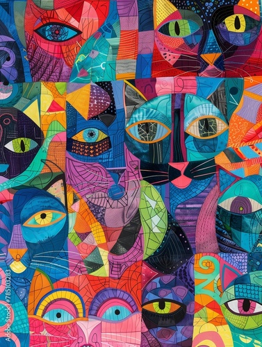 AI generated illustration of colorful vibrant psychodelic abstract cats