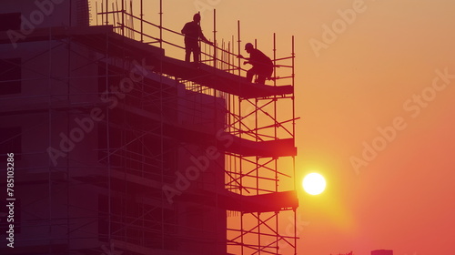 team of construction workers assembling scaffolding at a building site