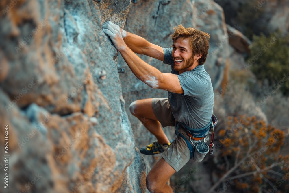 Joyful male rock climber on cliff