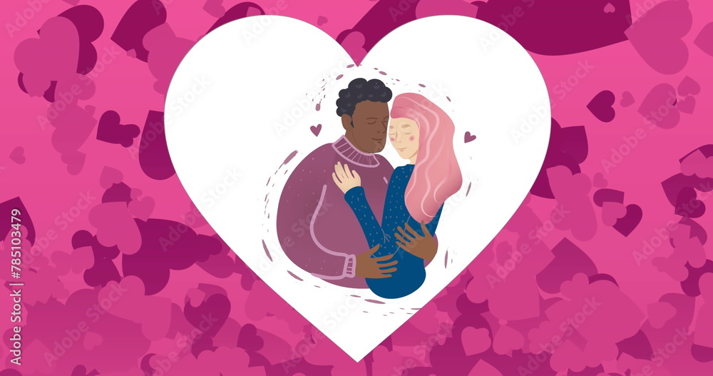 Image of couple hugging icon and hearts on pink background