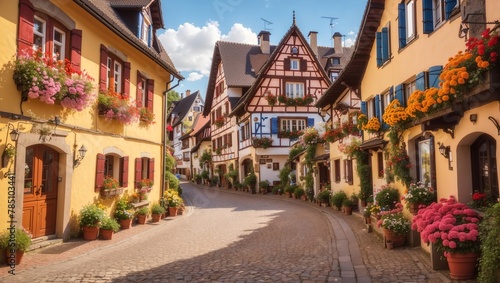 A photo of a narrow street with half-timbered houses on both sides and flowers on the windowsills.   © Awais