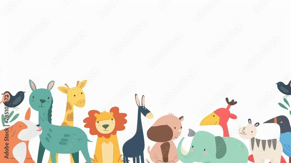 Obraz premium Forest Wildlife Collection: Cartoon animals like giraffes, dogs, elephants, and more, gathered in a playful illustration