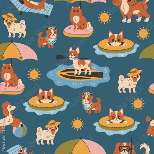 Summer beach dog seamless pattern. Modern background with pets activity. Cute cartoon purebred puppies swimming  sunbathing playing with ball diving. Vector illustration