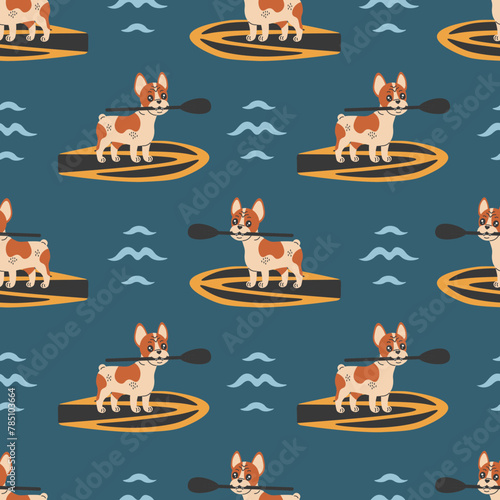 Dog SUP surfing seamless pattern. Cartoon sport background for pet. French bulldog puppy Standup paddleboarding on sea ocean water. Vector illustration
