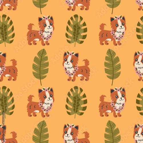Hawaiian dog and tropical plant seamless pattern. Colorful pet summer background. Cute Yorkshire terrier puppy in floral lei with monstera and palm leaf. Vector illustration