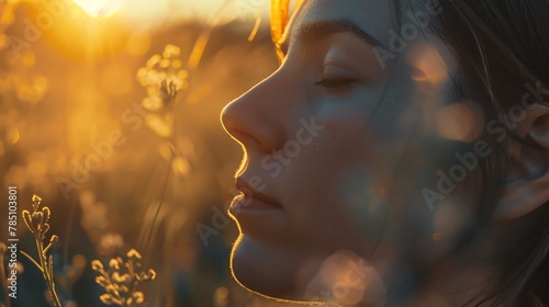 A beautiful girl with long hair and closed eyes standing in a field of tall grass at sunset. photo