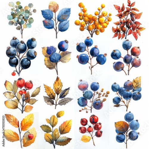 The watercolor set features botanical elements like berries, dry branches, and leaves. The painting is hand painted on a white background.