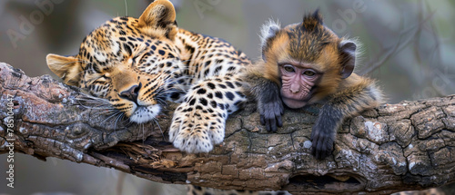 An unexpected friendship captured between a leopard and a baby baboon, both dozing in the crook of a tree branch