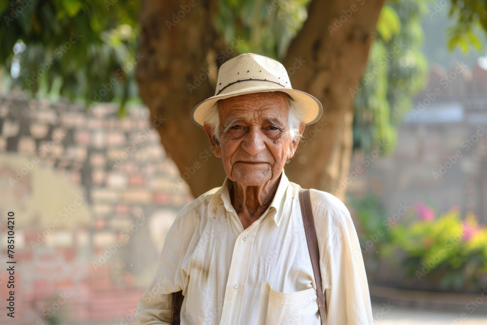 An elderly man in a white shirt and a hat with sunglasses.
