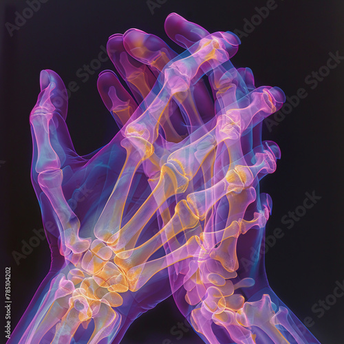 Closeup Xray of clasped hands, neon purple and yellow highlighting the interlocking fingers skeletal structure