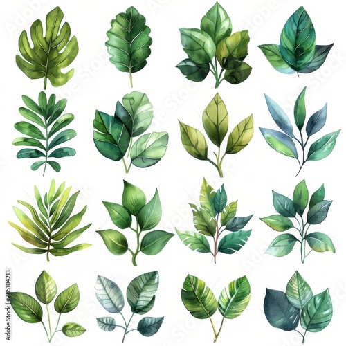 Tropical plants with green leaves on white background close-up in watercolor