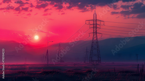 Lines of force: elevated towers with high voltage wires at sunset. 