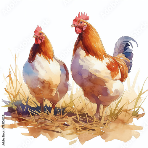Rooster and hen watercolor illustration. Pair of farm chickens in grass isolated on white background. Poultry farming and rural life concept.