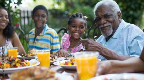 Senior man dining with family outdoors. Cheerful multi-generational gathering with homemade meal.