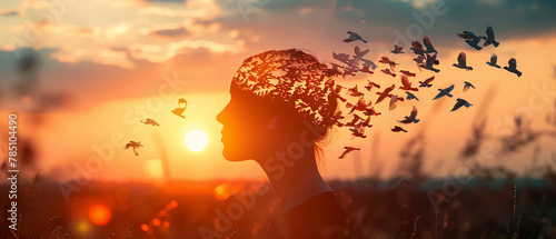 Image of a head with the top open, releasing a flock of various birds flying into the sunset, symbolizing scattered thoughts