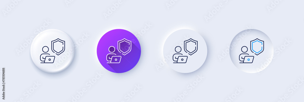 Shield line icon. Neumorphic, Purple gradient, 3d pin buttons. Privacy secure sign. Safe defense symbol. Line icons. Neumorphic buttons with outline signs. Vector Shield line icon. Neumorphic, Purple gradient, 3d pin buttons. Privacy secure sign. Safe defense symbol. Line icons. Neumorphic buttons with outline signs. Vector