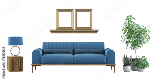 Elegant blue sofa, wooden frames, plants, and lamp isolated on a white background - 3d rendering