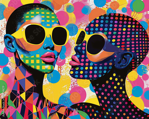 Pop art depiction of two mannequins, one whispering into the ear of another, both clad in bold, graphic print outfits against a backdrop of bright, flat colors and benday dots photo