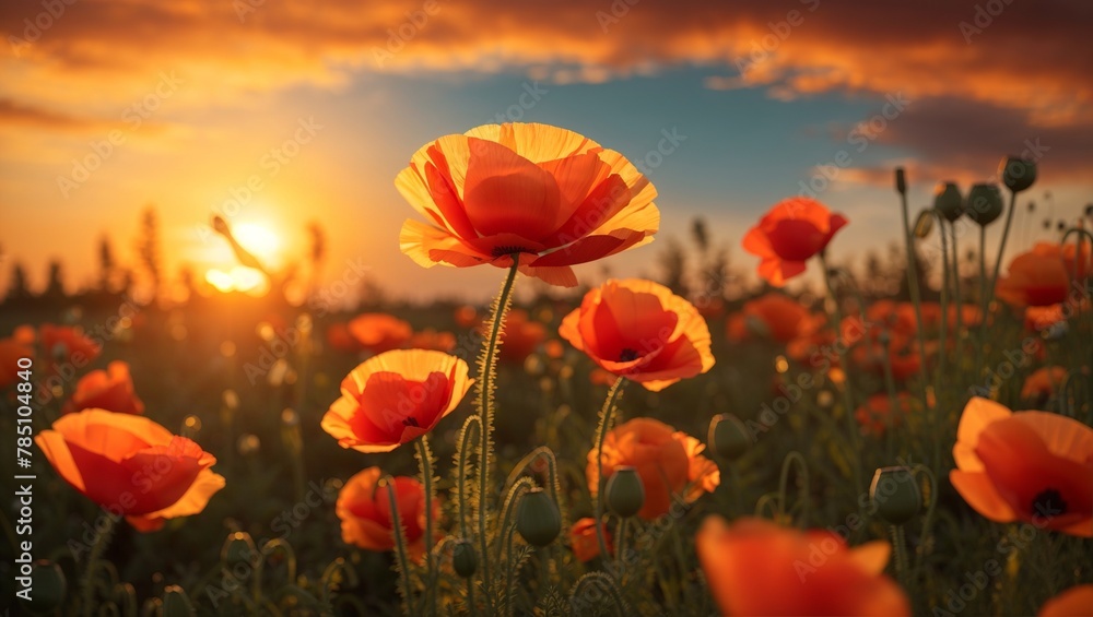 Orange poppies in a field at sunset.

