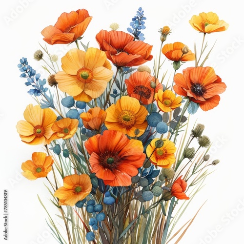 Watercolor illustration of bouquets of wildflowers.