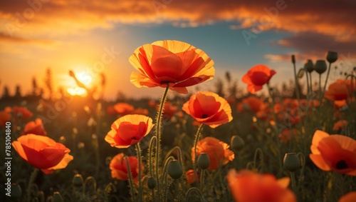 Orange poppies in a field at sunset.