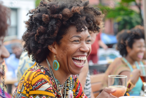 Group of friends having fun together in a street cafe in New York City. Beautiful african american women with curly hair in focus. 
