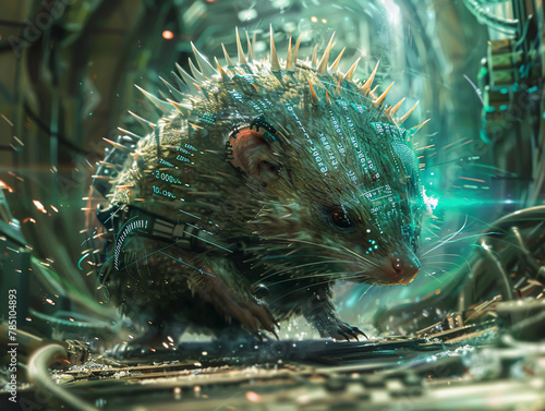 Tenrecs with spiked cybernetic enhancements, rolling into action as armored spheres, leaving trails of binary code